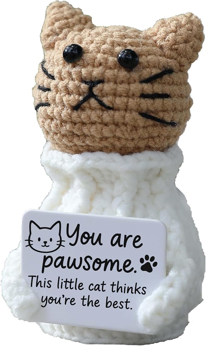 YOOJEE Positive Crochet Animals Cat – “You are Pawsome” Valentines Day Crochet Gift for Her Teens Women Adults Mom, Emotional Support Animal, Teacher Appreciation, Birthday Gift, Desk & Home Decor