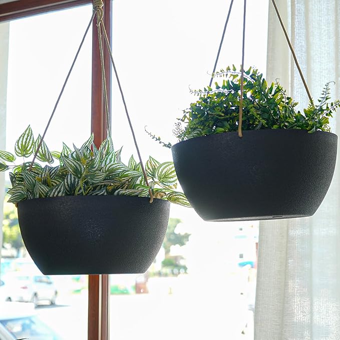SwinDuck 12 Inch 2 Pack Large Hanging Planters for Indoor Outdoor Plants, Plastic Hanging Basket Pots for House Plants Flowers, Black
