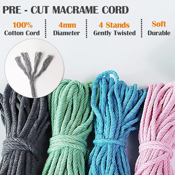 Ewparts Macrame Kits for Adults Beginners to Make 4 Macrame Cup Coasters Boho Coasters Kit with Macrame Supplies Pre-Cutted Macrame Cord Pink/Blue/Grey/Sega Christmas Ornament Kits for Adults