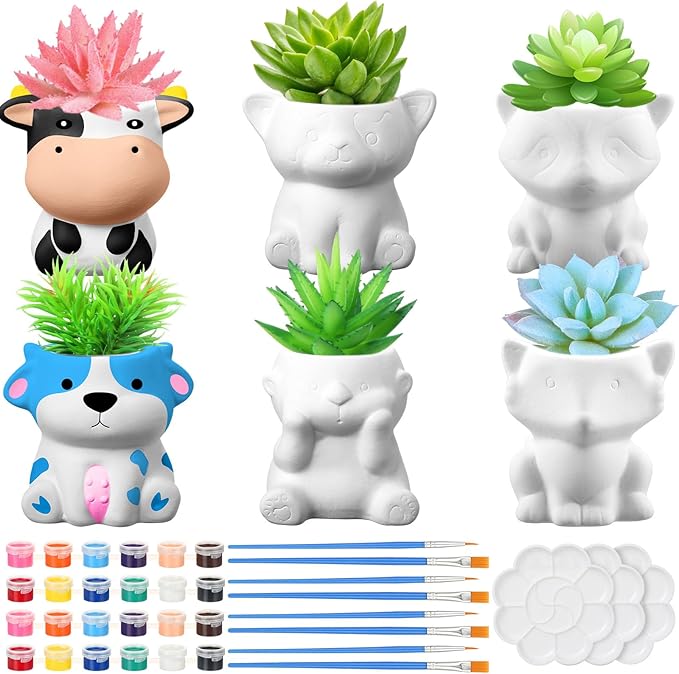 Ninehaoou 6 Sets Ceramic Succulent Pots with Drainage Color Paints Paintbrushes Palettes Paintable Succulent Flower Pots DIY Figurines Paint Craft Kit for Classroom(Classic Animal)