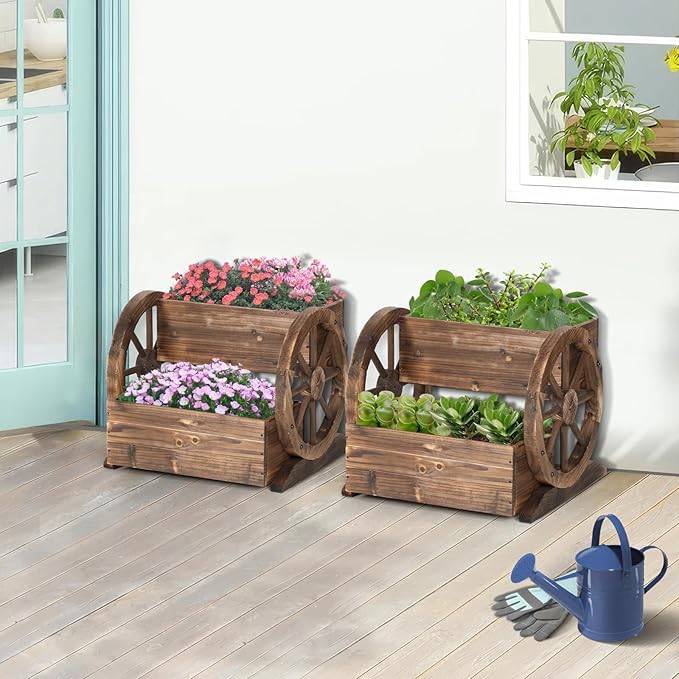 Wooden Wagon Planter Box, 2 Tier Garden Planter with Wheels for Flowers/Herbs/Vegetables, Decor Flower Cart for Indoor/Outdoor/Patio/Garden/Balcony(3 Pack)