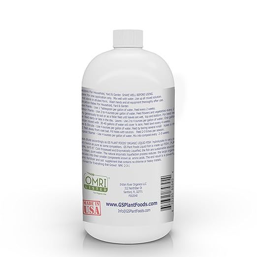 GS Plant Foods Organic Liquid Fish Fertilizer - Natures Growth Boost, OMRI-Certified, Hydrolyzed, Fish-Based, Organic Gardening Solution, 1 Quart