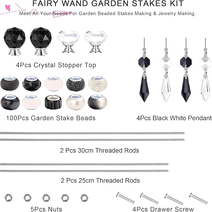 121 Pcs DIY Fairy Wand Beaded Garden Stakes Kit, Fairy Wands Garden Kit Black White Large Hole Bead with Pendants Crystal Stopper Top Threaded Rod Beaded Garden Stakes Supplies for Outdoor Decorative