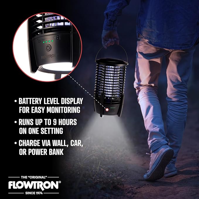 Flowtron Rechargeable Bug Zapper Lamp | 2-in-1 3600mAh Battery Powered LED Light & Insect Killer with USB-C Charging | 2150 Sq Ft Indoor Outdoor Coverage Mosquito Trap for Patio, Camping, Yard, Home