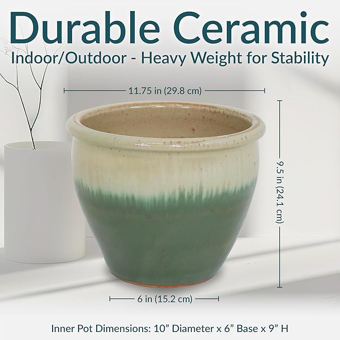 Sunnydaze Round Ceramic Planter - Set of 2 Indoor or Outdoor Plant Pots with Drainage Hole - Chalet - 12" - Seafoam Glaze