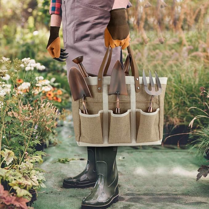 Megawodar 1 Gallon Galvanized Steel Watering Can with 3 Pcs of Garden Tools, 1 Pc of Pruning Shear, 1 Pair of Gardening Gloves，1 Pc of Garden Tools Organizer Tote