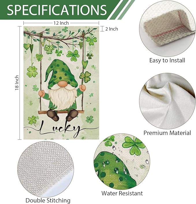 Heyfibro Lucky St. Patrick's Day Garden Flag 12x18 Double Sided Burlap, Gnome with Shamrocks Hanging Swing Yard Banner for Spring Seasonal Irish Holiday Farmhouse Outdoor Decor(ONLY FLAG)
