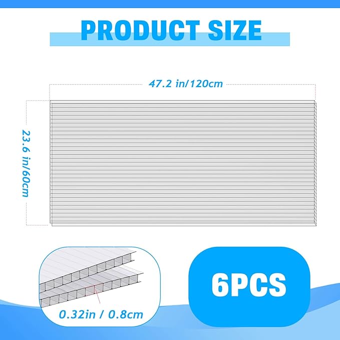 6 Pack Polycarbonate Greenhouse Panels, 4' x 2' x 0.32" Twin-Wall Polycarbonate Sheets for All Weather Green house Covering, Clear Greenhouse Panels, Excellent Light Transmission & Weather Resistance