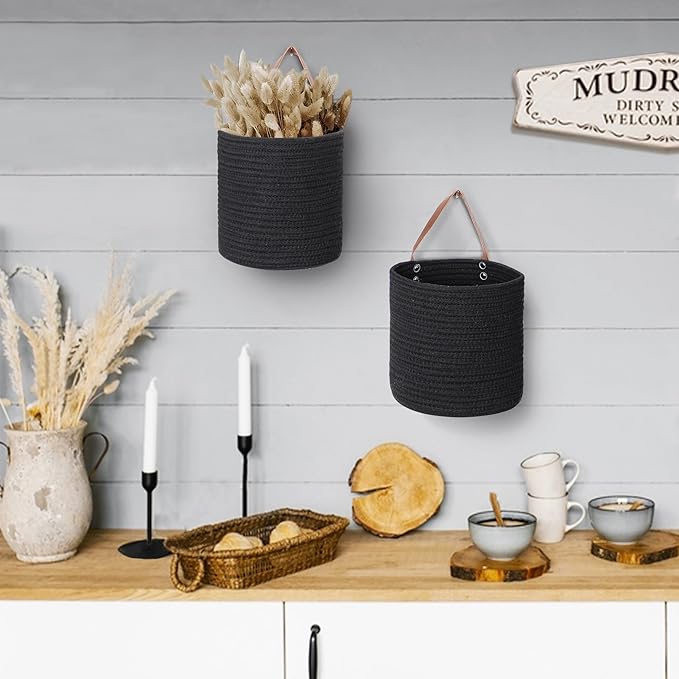 2 Pack Hanging Basket, Small Wall Baskets for Organizing, Wicker Boho Wall Decor Set, Indoor Hanging Plant Holder, Rattan Woven Storage Bin for Home Decor, Farmhouse Storage Box, Black