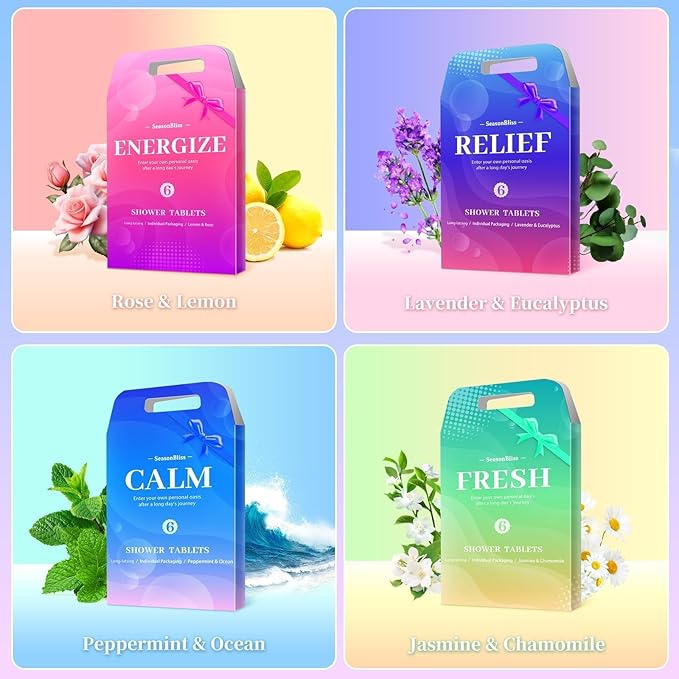 SeasonBliss Shower Steamers 24 Pack, Shower Tablets, Natural Ingredients, 8 Different Scents, Individually Wrapped Shower Steamer, Christmas Presents for Mom, Friends