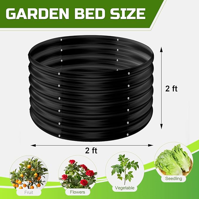 AHEONLAR 3PCS 2x2x2FT Galvanized Raised Garden Bed Kit Round Metal Flower Box Large Planter Raised Beds Outdoor Garden for Planting,Fruit,Herb Black