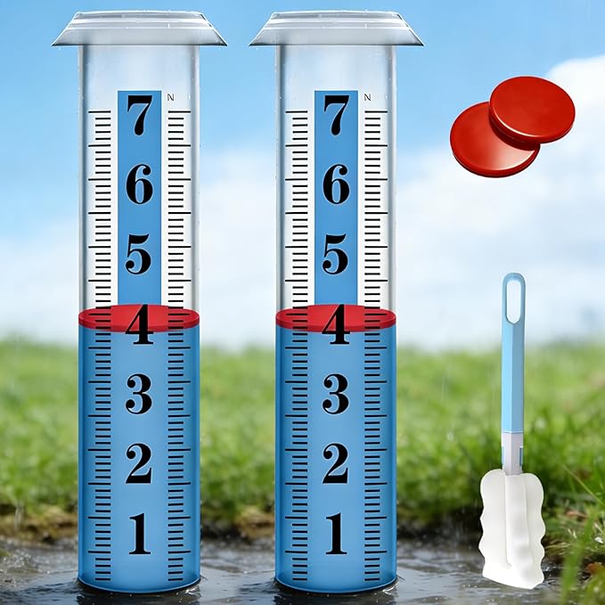 2PCS Rain Gauge Replacement Tube Plastic, Accurate Rain Gauge Outdoor, Thickened and Transparent 7" Capacity Tube with Blue Strip for Yard & Garden, 2 Rainfall Meter Tube with 1 Clean Brush