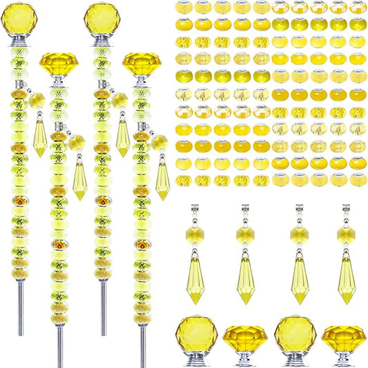 Exway 100 PCS DIY Fairy Wand Beaded Garden Stake Beads Kits with Yellow Large Hole Beads 4 Crystal Stopper Top Threaded Rods and 4 Yellow Sparkling Crystal Pendants for Outdoor Indoor Decor