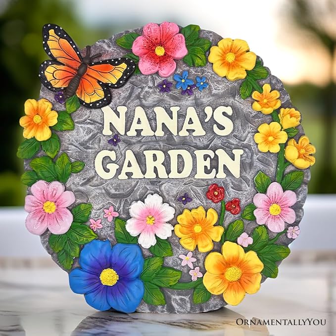 OrnamentallyYou Elegant Resin Stepping Stone, Outdoor Garden Pathway Decoration (Nana’s Garden Floral Stepping Stone, 9.5" Decorative and Gift for Grandmother)
