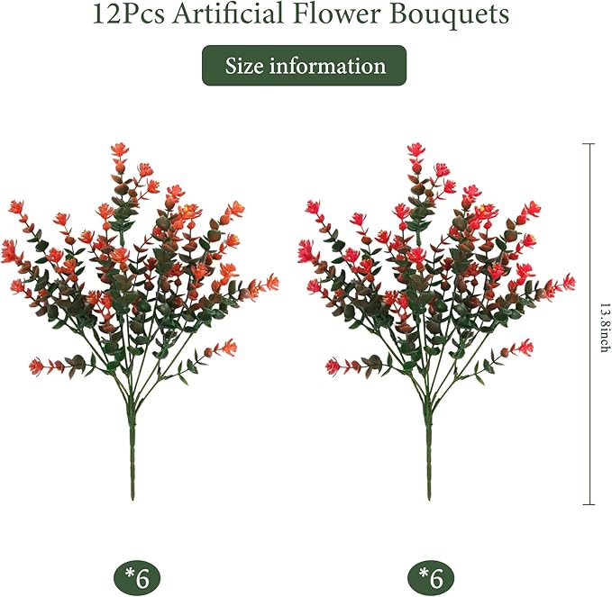 BCBLF Artificial Flowers for Outdoors, Faux Flowers for Outdoor planters, 12 Bundles Fake Flowers UV-Anti for Decoration, Outdoor Faux Plants, Orange+Red