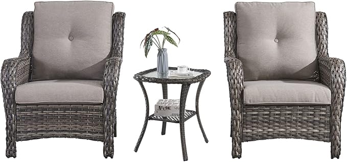 HUMMUH 3 Pieces Patio Bistro Set Wicker Patio Chairs Set of 2 with Tempered Glass Top Side Table Rattan Outdoor Furniture Conversation Set for Yard,Garden,Porch