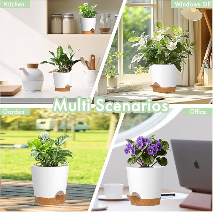 WSMKSZ 7/6.5/6/5.5/5/4 inch Self Watering Pots for Indoor Outdoor Plants, 6 Pack Plastic Flower Planters with Drainage Holes and Removable Saucers, Plant Pots with Wicking Rope, White Brown