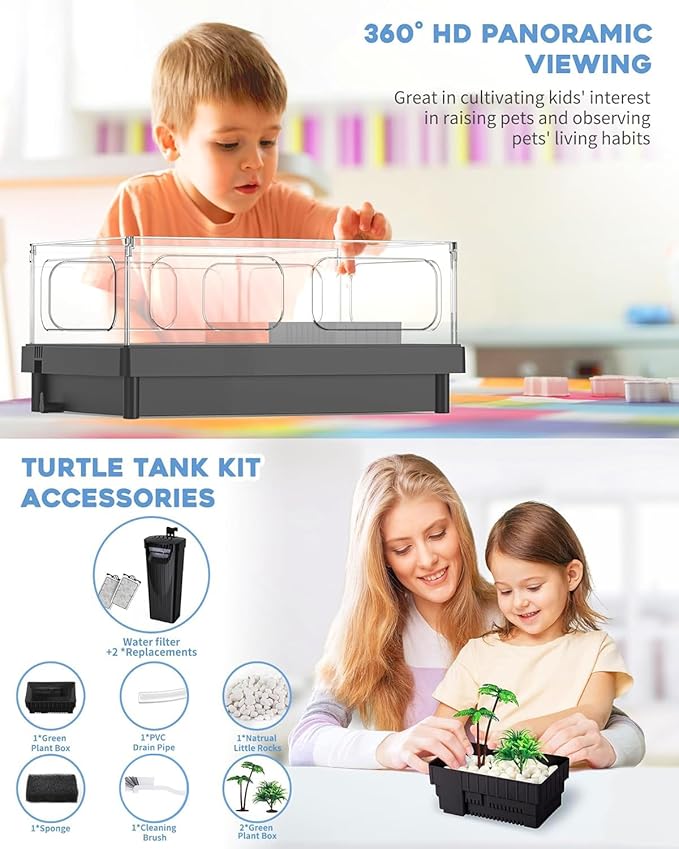 MoonOrange Small Turtle Tank, Aquarium, Acrylic Terrarium with Basking Platform, Bottom Drainage, Multi-Function Areas for Turtles, Crabs, Crayfish, Reptiles.(Black+Filter)