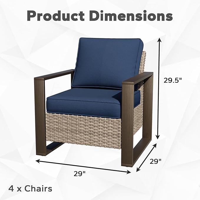Joyside Outdoor Patio Chairs Set, 4 Pieces Wicker Rattan Chairs with Metal Wide Armrest, Thick Cushions and Deep Seating for Garden, Backyard, Porch, Deck