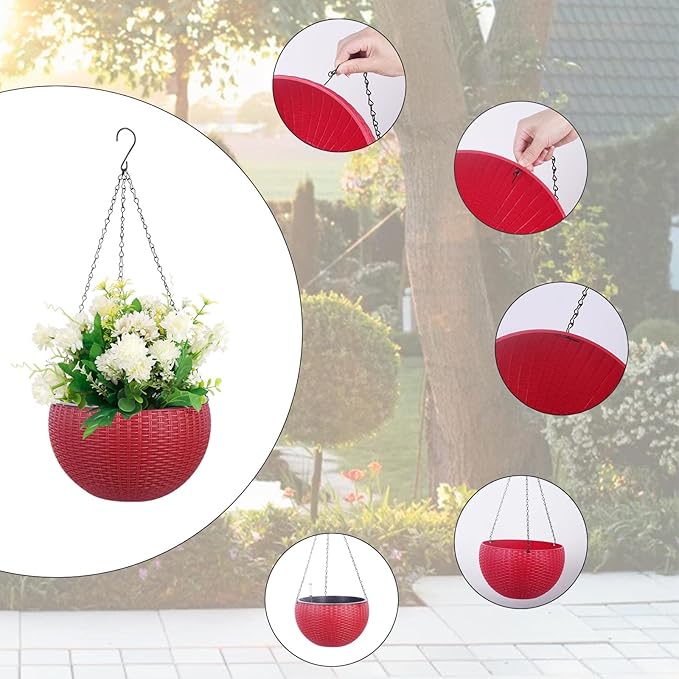 Vencer 11 Inch Round Resin Rattan Hanging Planters,Self Watering Hanging Basket for Indoor Outdoor Plants,Hanging Flower Pots with Drain Hole and Metal Chain,Water Indicator,Red,VF-A15-R
