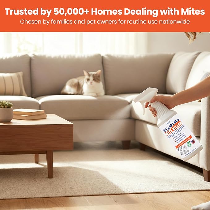 Mite Killer Spray by Mite-Be-Gone - 16oz | Naturally Kills Human Mites, Chicken, Bird, Dust, Spider, Rat, Turkey, Carpet Mites | Family & Pet Safe Treatment for Homes, Furniture, Bedding & Farms