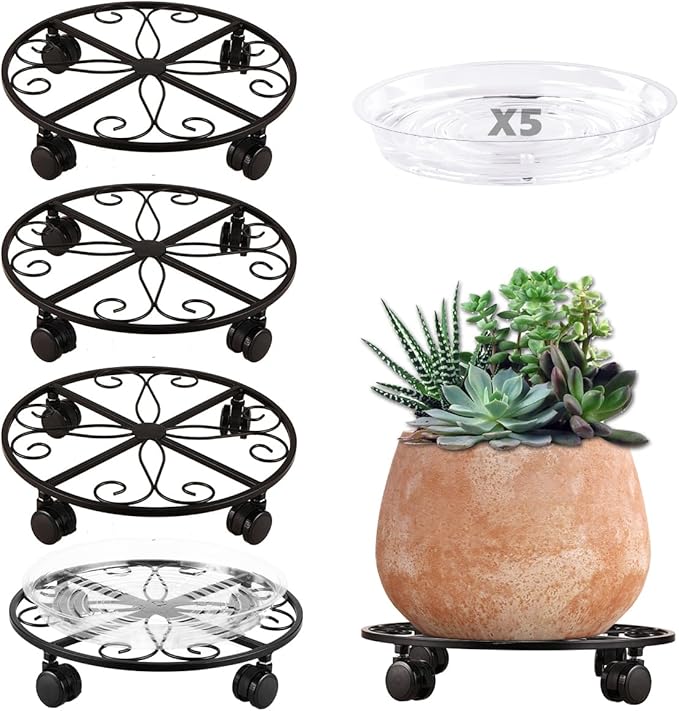 5 Pack Plant Caddy with Wheels Heavy Duty 12 Inches Metal Plant Stand on Wheels Plant dolly Rolling Plant Stand Plant Roller with Casters for Indoor and Outdoor with 5 Pack Plant Saucers, Black