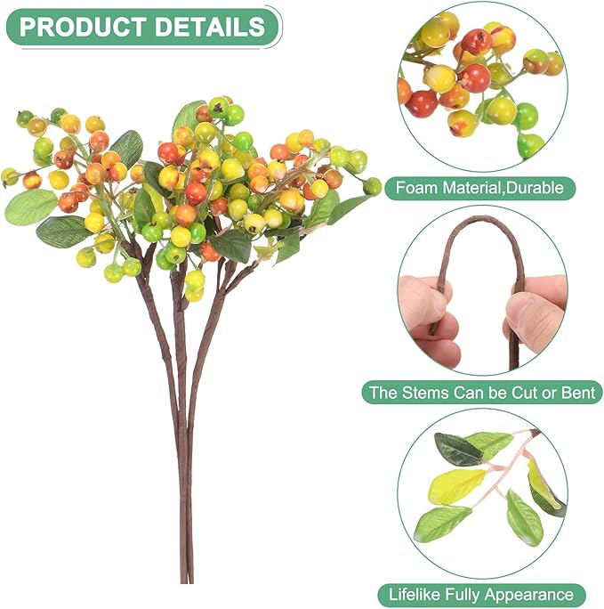 3-Pack Artificial Berry, 9.8 Inch Faux Holly Berry Foam Faux Frosted Berries with Stems for Home/Wedding/Christmas/DIY/Party/Garden/Office [Yellow]