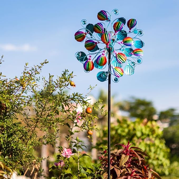 VEWOSTAR Solar Wind Spinners Outdoor,Hot Air Balloon Wind Spinner with LED Glass Ball,Muti-color Wind Spinners for Yard and Garden,Pinwheels Kinetic Wind Spinner,Wind Sculptures & Spinners for Pathway
