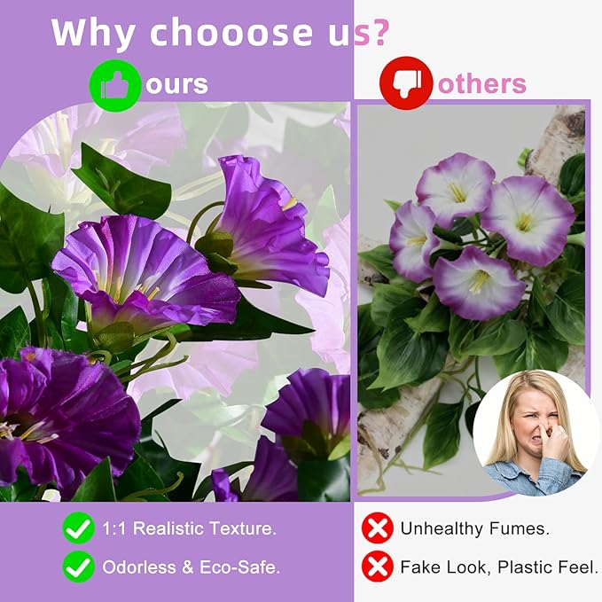 Morning Glory Artificial Hanging Flowers for Outdoors 3 Pcs Fake Petunias Flower Faux Silk Long Trailing Vines Realistic Flower for Front Door Porch Patio Balcony Garden Yard Decor (3 Pcs Purple)