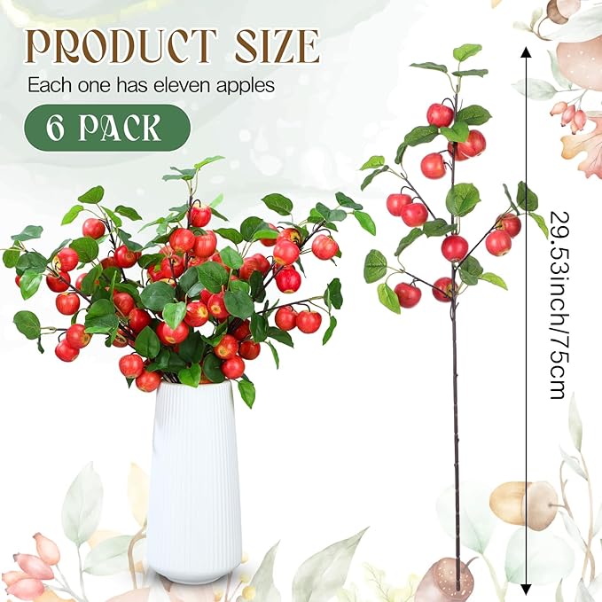 6 Pcs 29.53 Inches Artificial Fake Apple Branches Realistic Tall Apple Bouquets Tree Branch with Long Stem and Green Leaves Fruit Plant for Home Office Vase Filler Shop