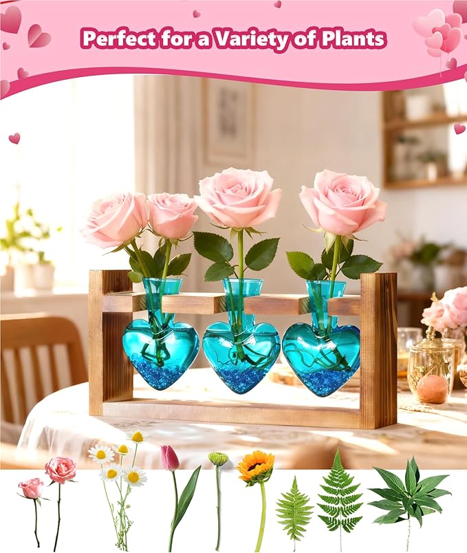 Nacome Plant Terrarium Propagation Stations: Valentines Day Gifts for Her Plant Lovers Women Mom Wife Daughter - 3 Bulb Glass Vase with Wooden Stand Tabletop for Hydroponics Indoor Office Home Decor