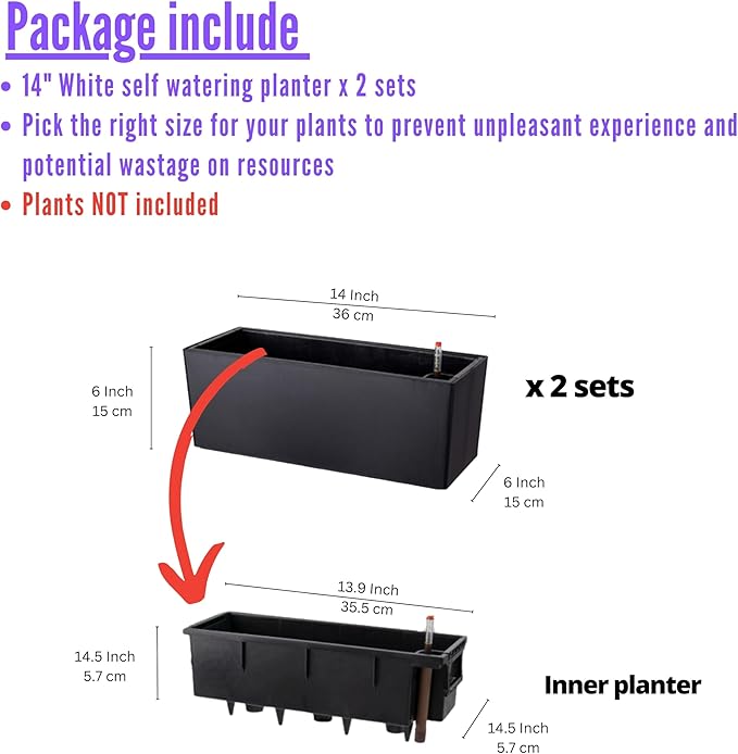 LaLaGreen Planter Box for Indoor Plants (14 Inch, 2 Pack) Black Rectangular Self Watering Flower Pot, Window Boxes Planters with Drainage Decorative Modern Balcony Windowsill Herb Home Garden Kitchen