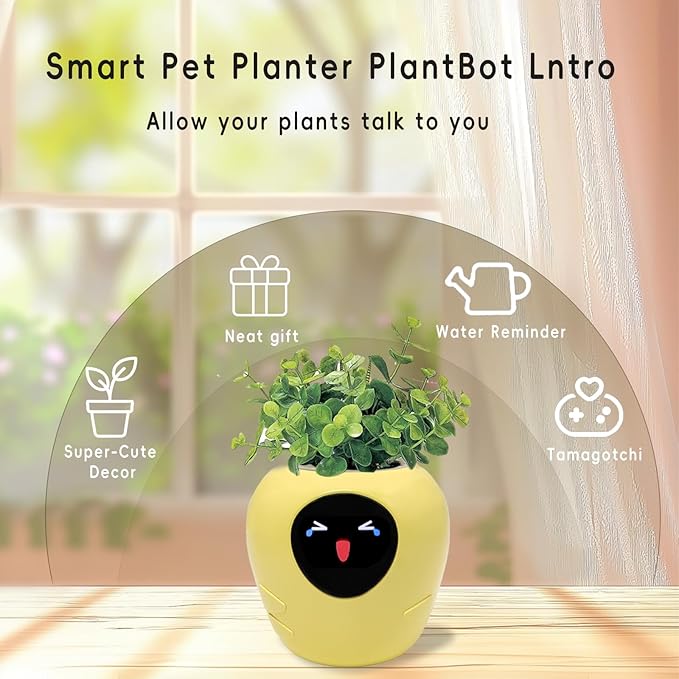 Odpaltoy Smart Plant Pot with Expression, AI Intelligent Flower Pot for Indoor Decoration, Smart Garden Pot with Water/Light/Temperature Sensors, Ivy AI Planter (Yellow（Big）)