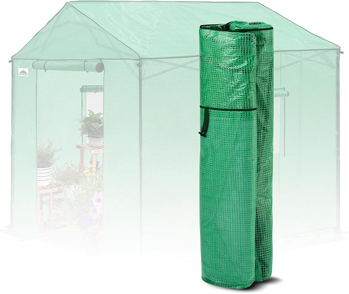 EAGLE PEAK Replacement Cover for 8x8 Gable Roof Pop up Greenhouse, Front and Rear Roll-Up Zipper Entry Doors and 2 Large Roll-Up Side Windows (Frame Not Included), Green