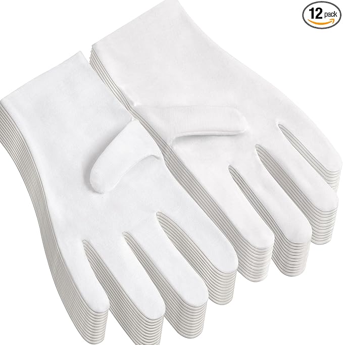 12Pairs White Cotton Gloves for Eczema and Dry Hands - Breathable Work Glove Liners - Moisturizing SPA Soft Jewelry Inspection Gloves - Stretchy Fit Cloth Gloves for Most Women