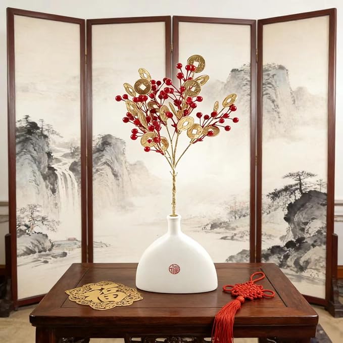 KYMY Chinese & Vietnamese Lunar New Year Artificial Berry Branch – 2026 Red Holly Berries Stems with Gold Fortune Coins, 23.6 Inch Spring Festival Floral Picks for Vase Table Home Decor