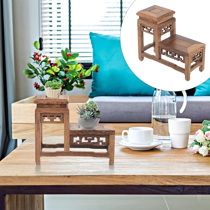 DOITOOL Wooden Plant Stand Indoor 2 Tier Wood Plant Shelf Wooden Planter Risers Flower Stand Vintage Display Planter Display Figurine Display Base for Home Garden