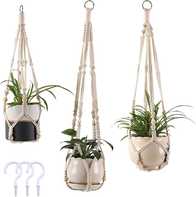 MKO SHUN 3-Pack Macrame Plant Hanger Indoor - Hanging Planter Basket for Indoor Outdoor - Decorative Boho Plant Holders Set with Beads - Ceiling Flower Pot Holder with 6 Hooks - 35"/30"/24" White