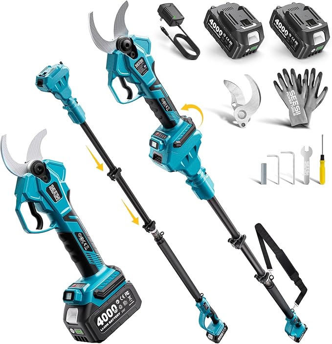 SEESII 2-in-1 Pole Pruning Shears: 1.6" Cutting Diameter Cordless Electric Pole Pruners - Brushless Motor, Dual 4.0Ah Batteries, Extra SK5 Blade, 4 Modes Adjustable Branches Cutter for Tree & Flower