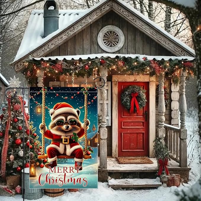 Christmas Garden Flag 12x18 Inch Double Sided Burlap Holiday Yard Flag Cute Raccoon in Santa Outfit Swinging with Lights Small Winter Outdoor Decorations for Lawn Porch
