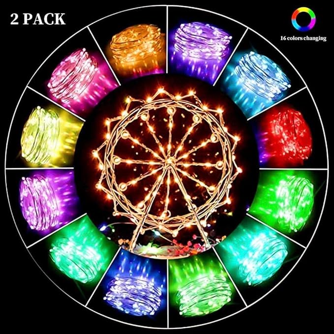 TenSteed Fairy Lights Battery Operated Twinkle Lights with Multicolor Changing, 50 LED, 16.4Ft Silvery Copper Wire, Remote Included. Perfect for Party, Wedding, Christmas Décor - 2 Pack