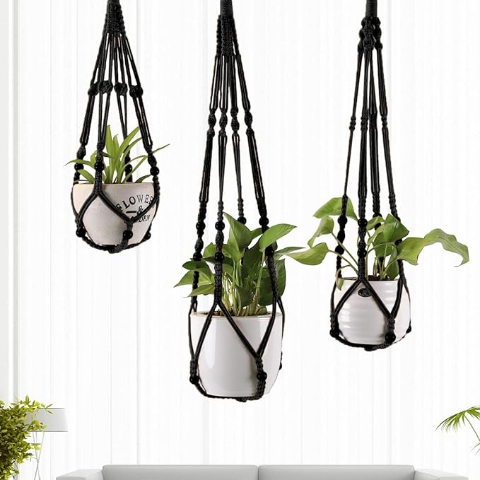 MKO SHUN 3-Pack Macrame Plant Hanger Indoor - Hanging Planter Basket for Indoor Outdoor - Decorative Boho Plant Holders Set with Beads - Ceiling Flower Pot Holder with 6 Hooks - 35"/30"/24" Black