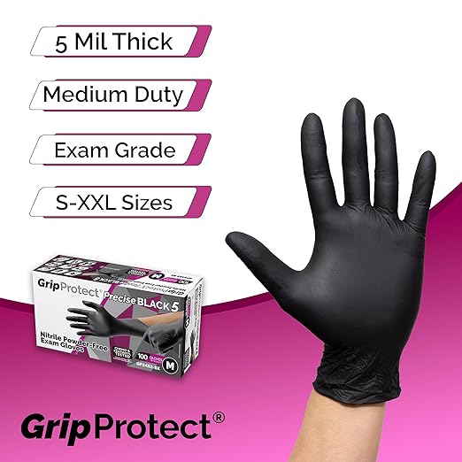 GripProtect Precise Black 5 Nitrile Exam Gloves | 5 Mil Thickness | Chemo-Rated | Medical, Law Enforcement, Tattoo, Dental, Janitorial, Food & Agriculture (XL, 100)