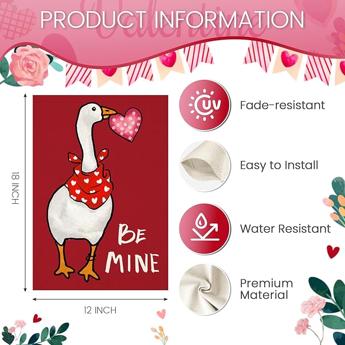 Valentines Day Garden Flags 12x18 Inch Double Sided, BE MINE Funny Goose with Love Heart Small Seasonal Decoration for Holiday Anniversary Wedding Yard Outside Outdoor