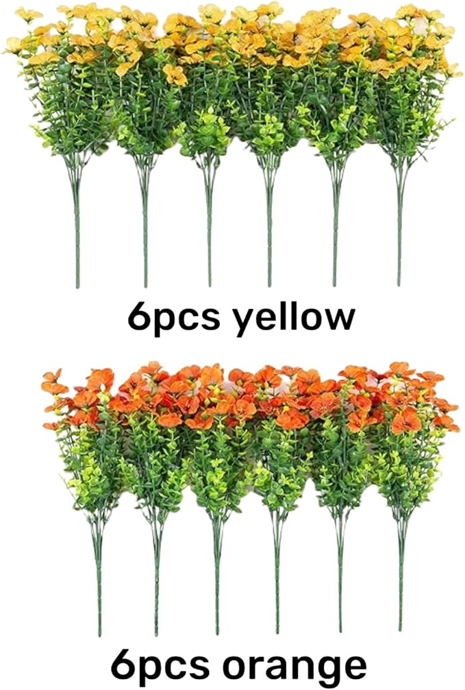 florisso Artificial Fall Flowers Fake Mums for Outdoor Autumn Decoration, 12 Bundles Faux Silk Orange Yellow Mums Daisy Look Real UV Resistant for Outside Home Porch Patio Planter