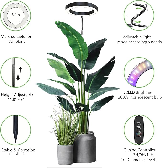 Grow Light for Indoor Plants, 6.3" Full Spectrum LED Plant Grow Light, 11.8-63in Height Adjustable Growing Lamp with Auto Timer 3H/9H/12H, 10 Dimmable Levels (White 1 Pack)