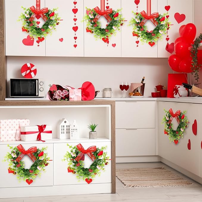 4 Sets Valentine's Day Heart Wreath Artificial Red Berries Heart Swag Kitchen Cabinet Wreaths Hanging Valentines Day Wreaths for Front Door Window Wedding Birthday Home Decoration