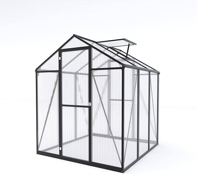 7.2FT High 6.1*6.1FT Greenhouse for Outdoors, Polycarbonate Greenhouse with Stronger Wind Protection and Roof Vent,Walk-in Large Aluminum Sunroom Winter Proof,Black