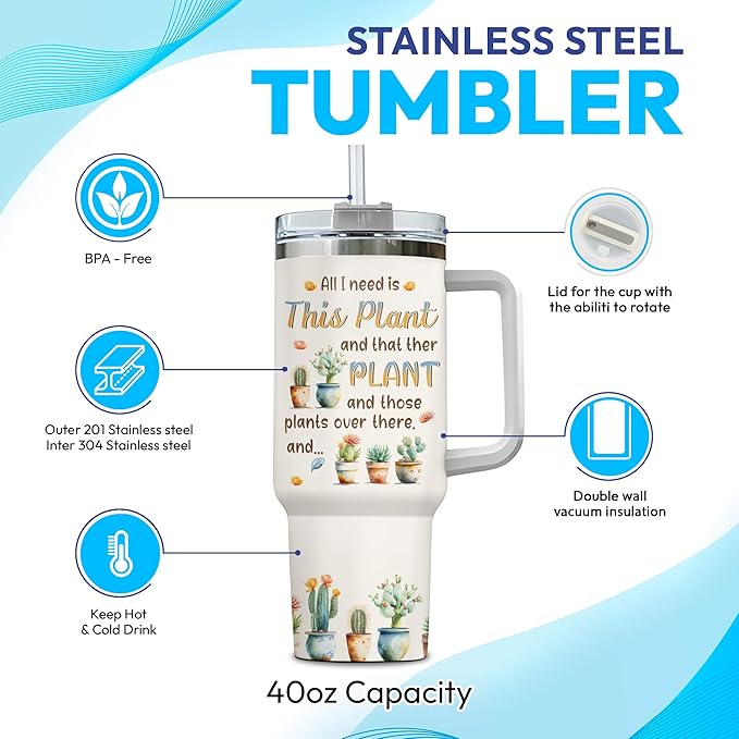 Hyturtle Personalized Plant Tumbler - Gardening Gifts For Women - Gifts For Gardener - Plant Lady Gift- Mothers Day Gifts For Gardening Lovers - Custom Name Travel Coffee Cup 40oz With Lid And Straw