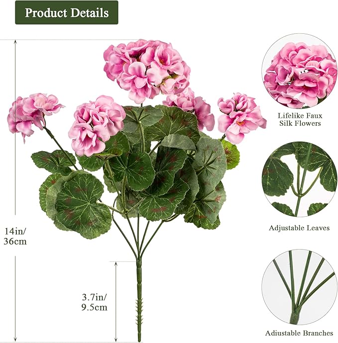 Uqueeten Plastic Flowers for Outdoors Home Decor Fake Plants Artificial Flowers Artificial Geraniums Outdoor Fake Flowers Silk Bouquet, Fall Decor for Interior Porch Garden Decor14.4 (Pink) 8PCS